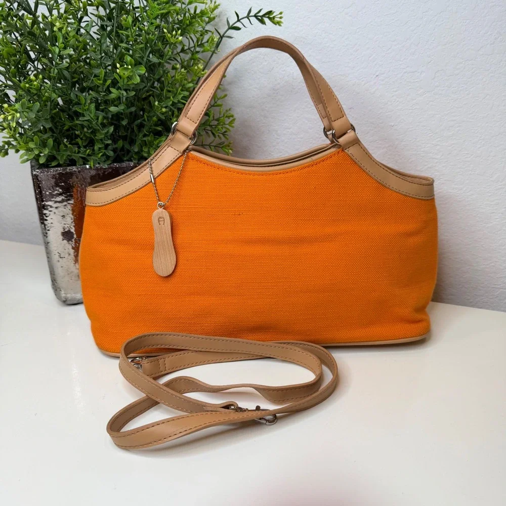 Etienne‎ Aigner Satchel Womens Orange Canvas Leather Trim Preppy Medium